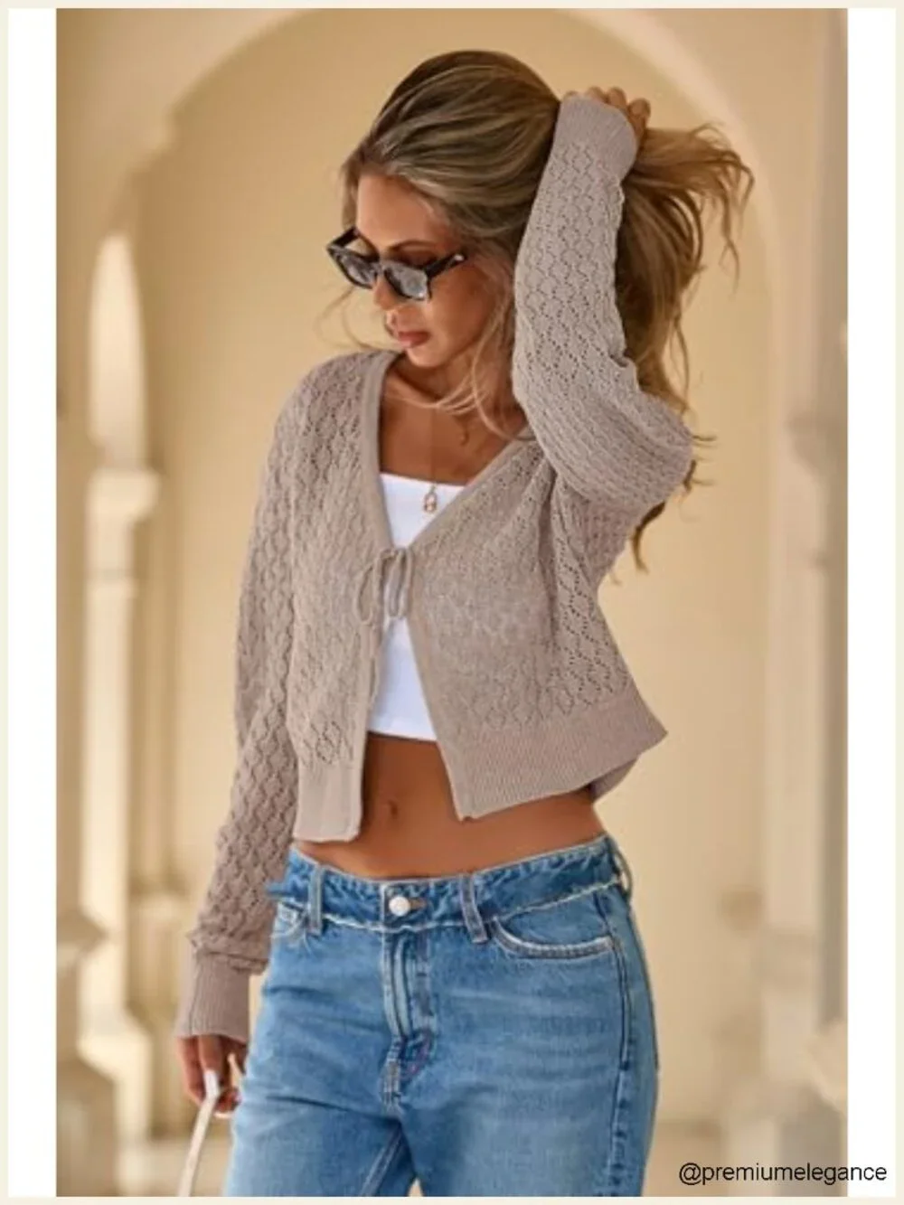 Crochet Cardigan Tie Front Shrug Long Sleeve Knit Cropped Sweater Boho Y2K